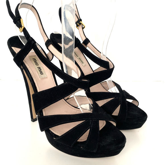 Miu Miu Slingback Platform Sandal Black Suede Cage Peep Toe Slim Heel St… - Picture 2 of 8